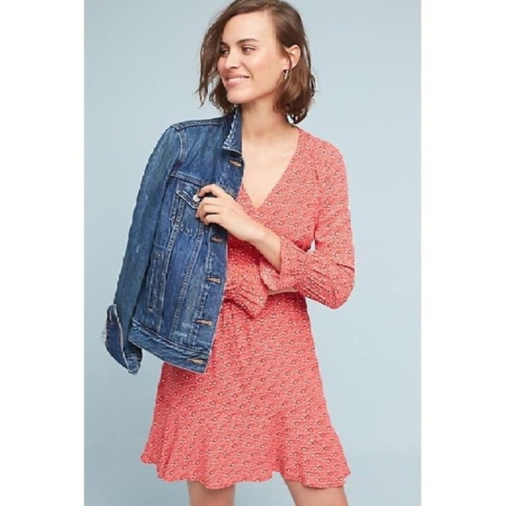 Anthropologie Maeve Monaco Red Floral Print Ruffle Long Sleeve Mini Dress